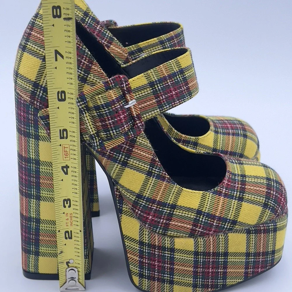Bamboo Yellow Plaid Platform Mary Jane Heels Chunky Block Shoes Women's 5.5